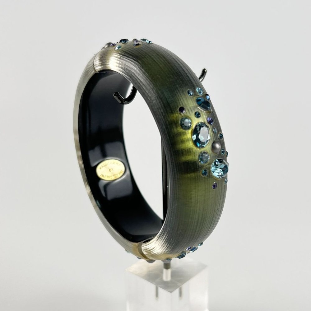 Alexis Bittar Sage Green Assorted Crystal Dust Lucite Hinged Magnetic Bracelet